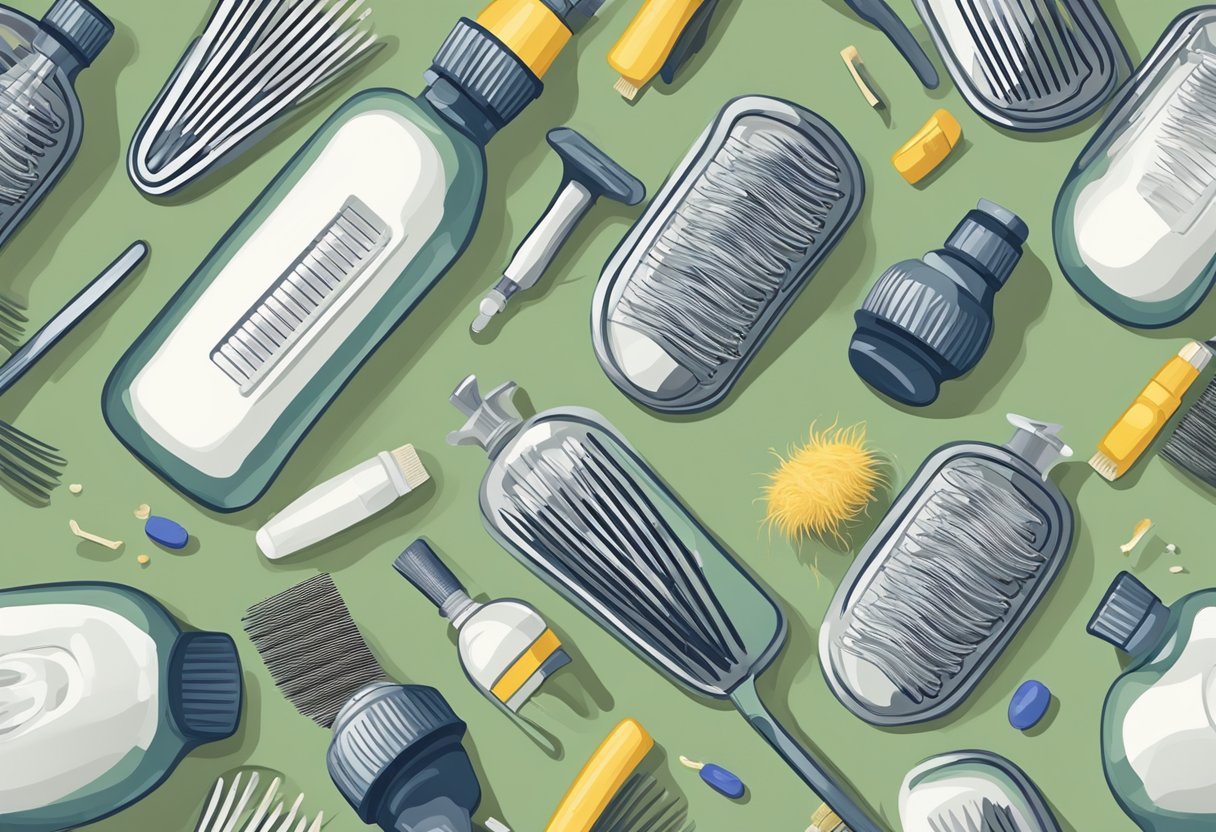 A bottle of prescription lice treatment sits next to a comb and a pile of dead lice. The hair is clean and free of any pests