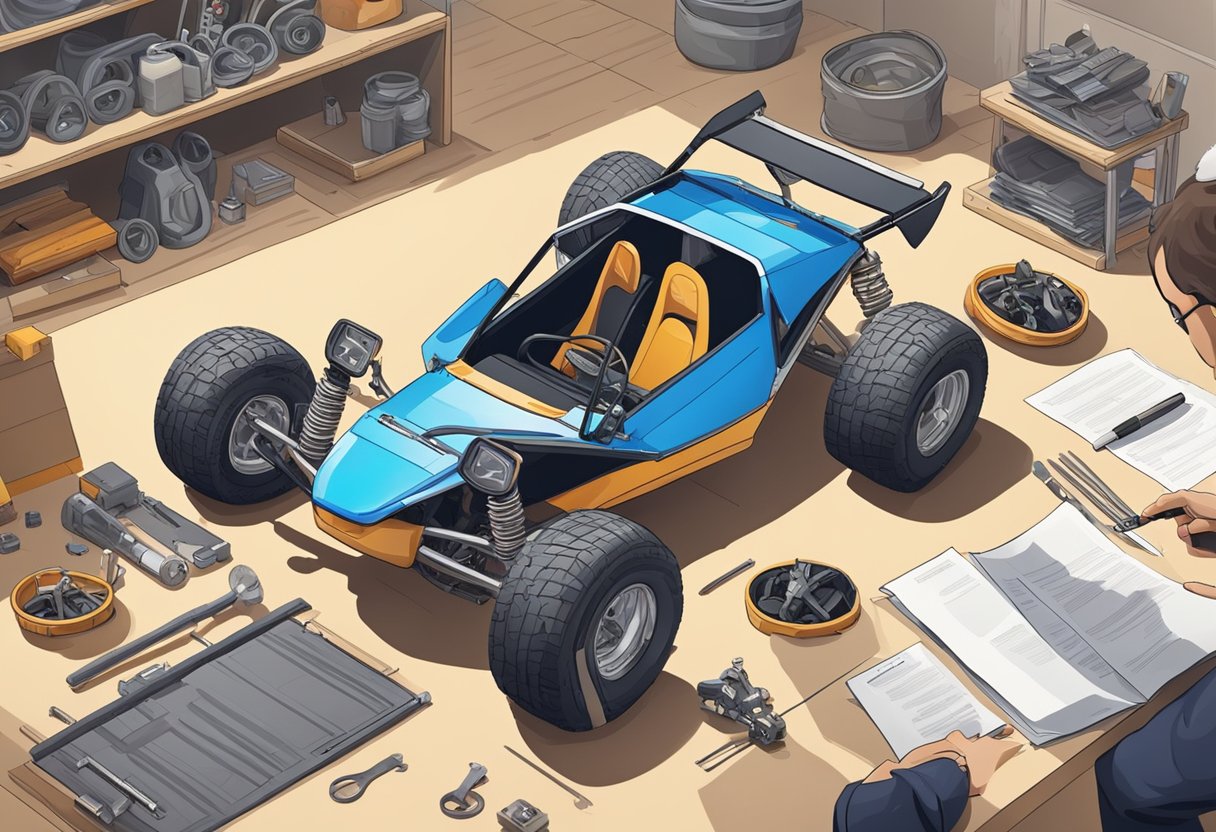 A dune buggy is being inspected by a mechanic at a workshop, with paperwork and tools scattered around. The mechanic is examining the vehicle's components while referencing legal guidelines