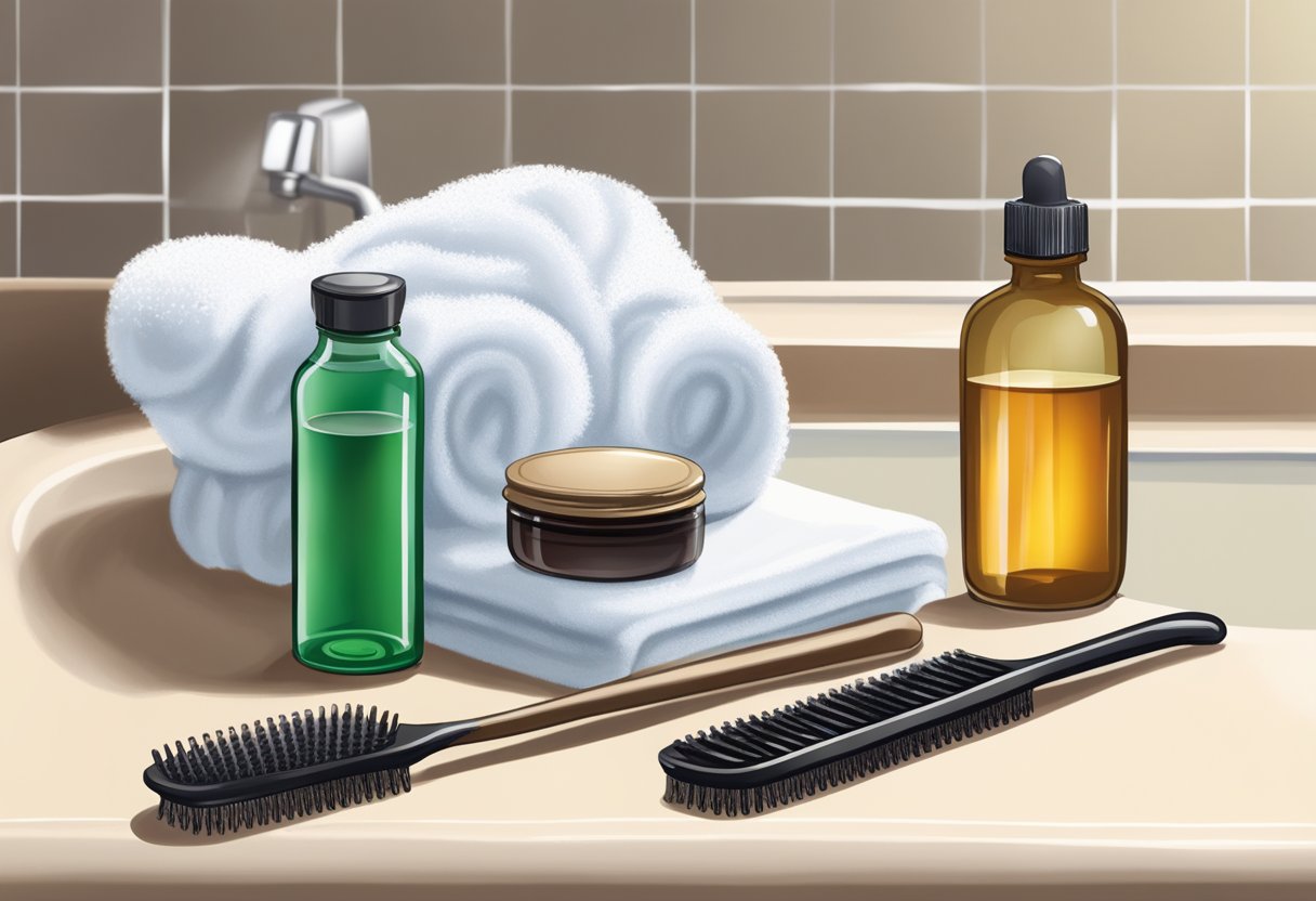 A bottle of essential oils, a fine-toothed comb, and a bowl of vinegar sit on a bathroom counter. A hairbrush and a shower cap are nearby