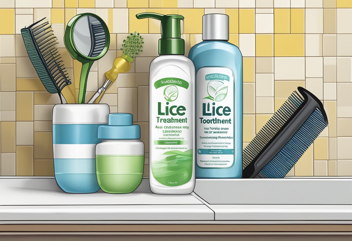 A bottle of lice treatment shampoo sits on a bathroom shelf, next to a fine-toothed comb and a magnifying glass. A chart on the wall outlines the step-by-step process for removing lice from hair permanently