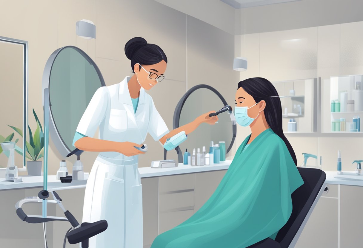A healthcare professional removing lice from hair using specialized tools and products in a clean and well-lit environment