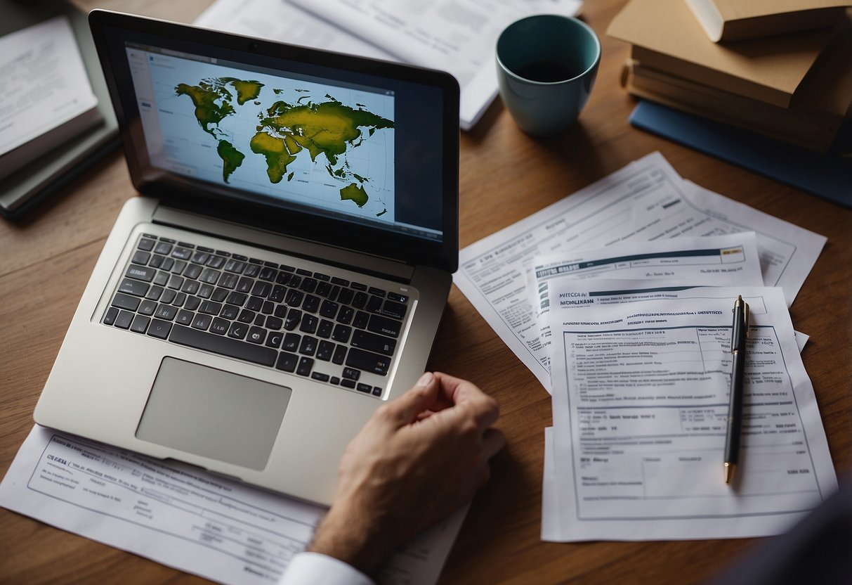 A smiling expat reviews loan options on a laptop, surrounded by paperwork and financial documents. A globe and key symbolize global mobility and homeownership