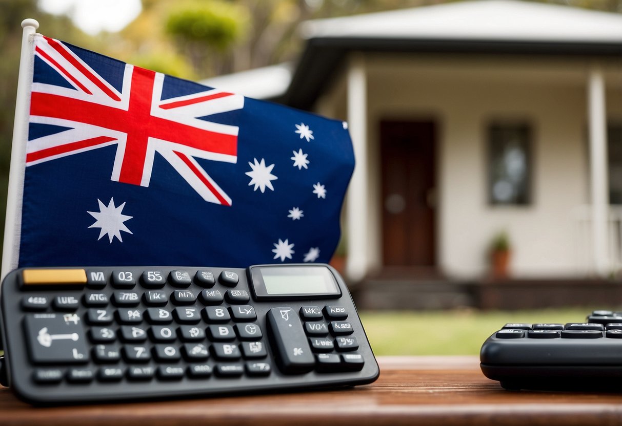 An Australian flag flying proudly outside a traditional home, with a map of Australia and a calculator on a desk inside