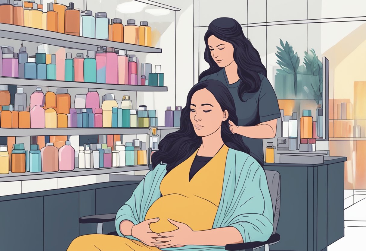 A pregnant woman sits in a salon chair, surrounded by hair dye products and a stylist. The woman looks uncertain as she considers the safety of dyeing her hair while pregnant