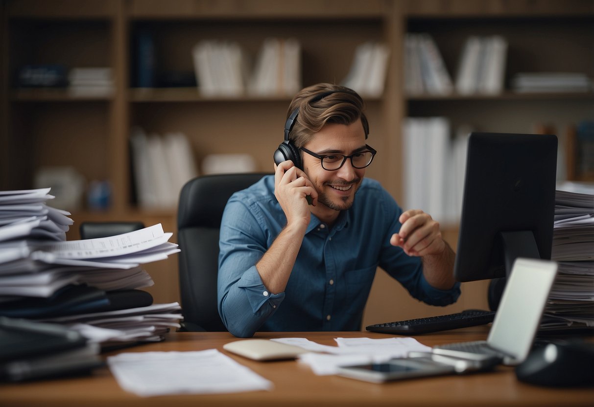 A person sitting at a desk, surrounded by paperwork and a laptop, speaking on the phone with a supportive and helpful tone