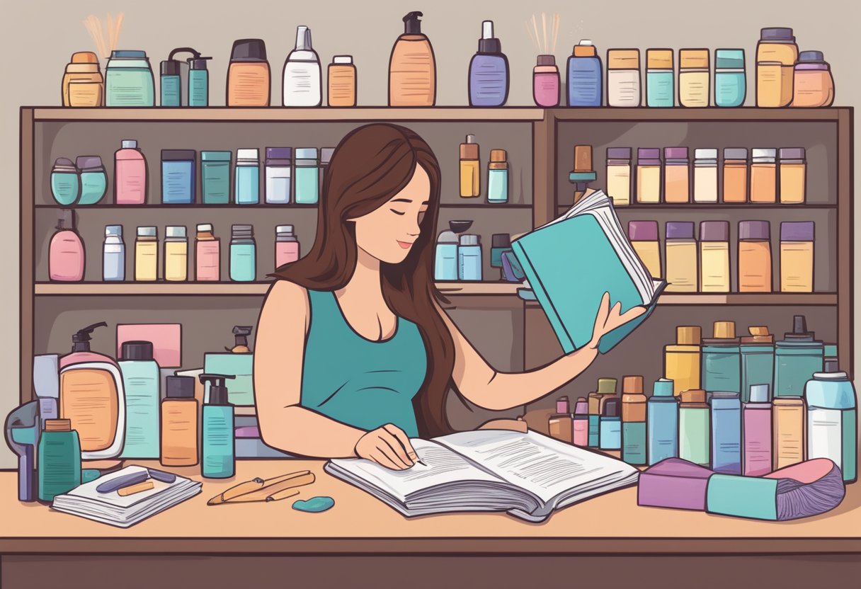 A pregnant woman reading a book on hair dyeing, surrounded by safe dyeing products and a list of best practices