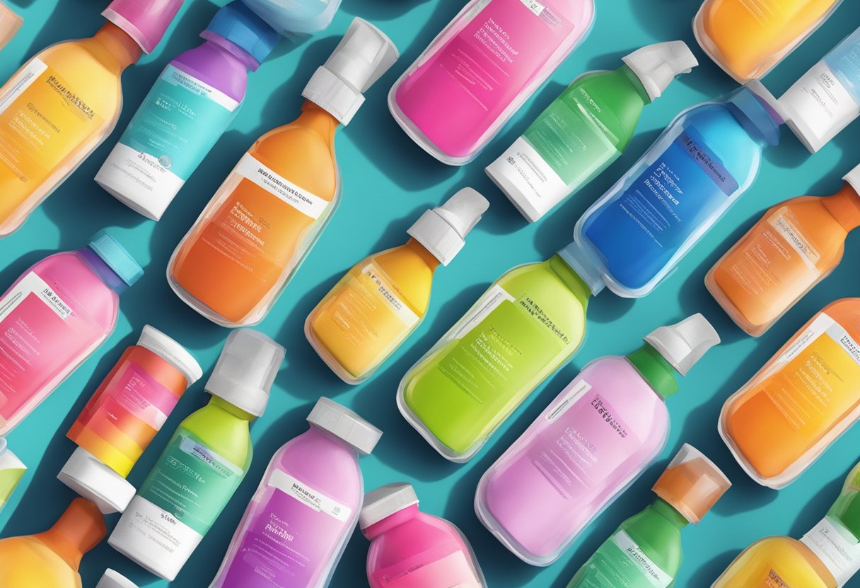 Vibrant hair dye bottles sit on a table, surrounded by pregnancy-safe color swatches