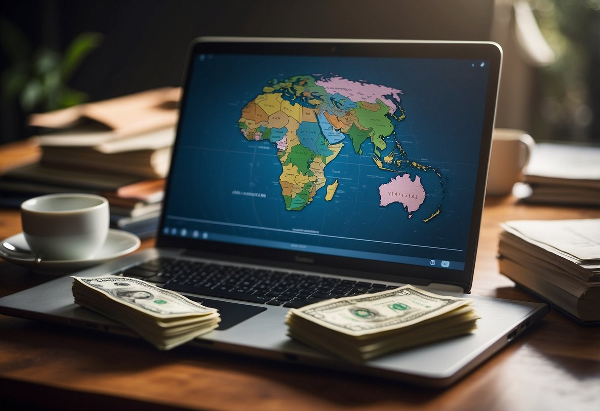 A stack of different currency notes sits next to a globe and a laptop, symbolizing expat income sources and financial considerations for home loans