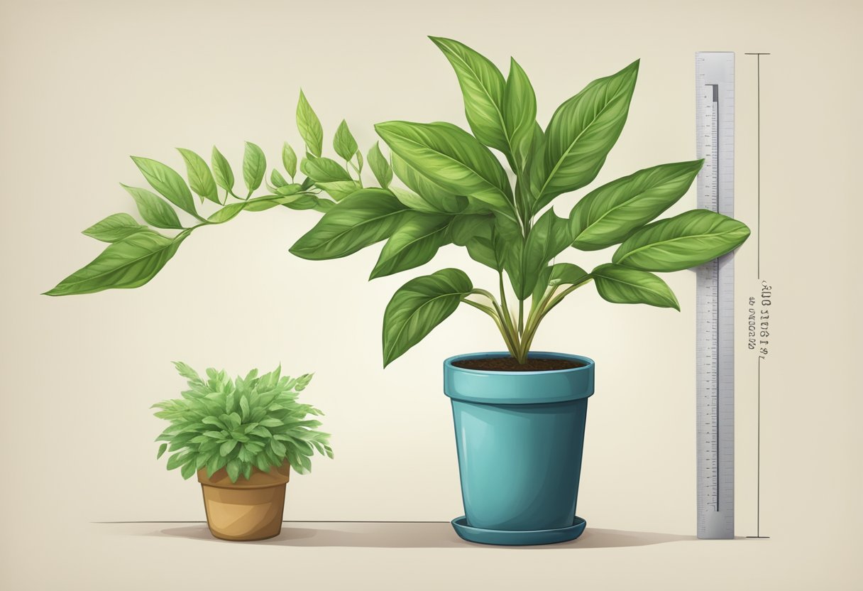 A ruler placed next to a potted plant, with measurements showing the growth of the plant's leaves over the course of a month