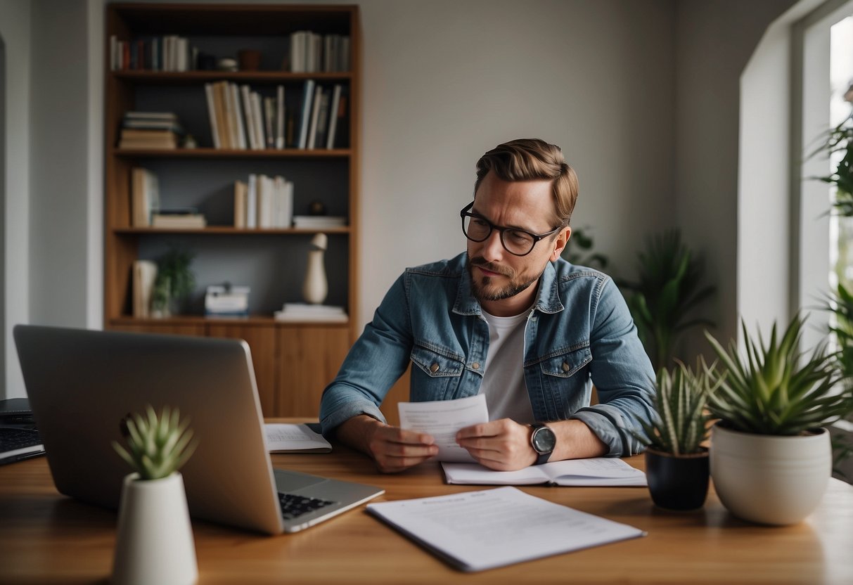 An expat sits at a desk, surrounded by paperwork and a laptop, while reading through a list of frequently asked questions about home loans