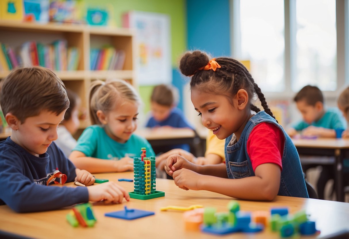 Children engaged in hands-on learning activities, exploring science, math, and art materials in a bright, organized classroom setting