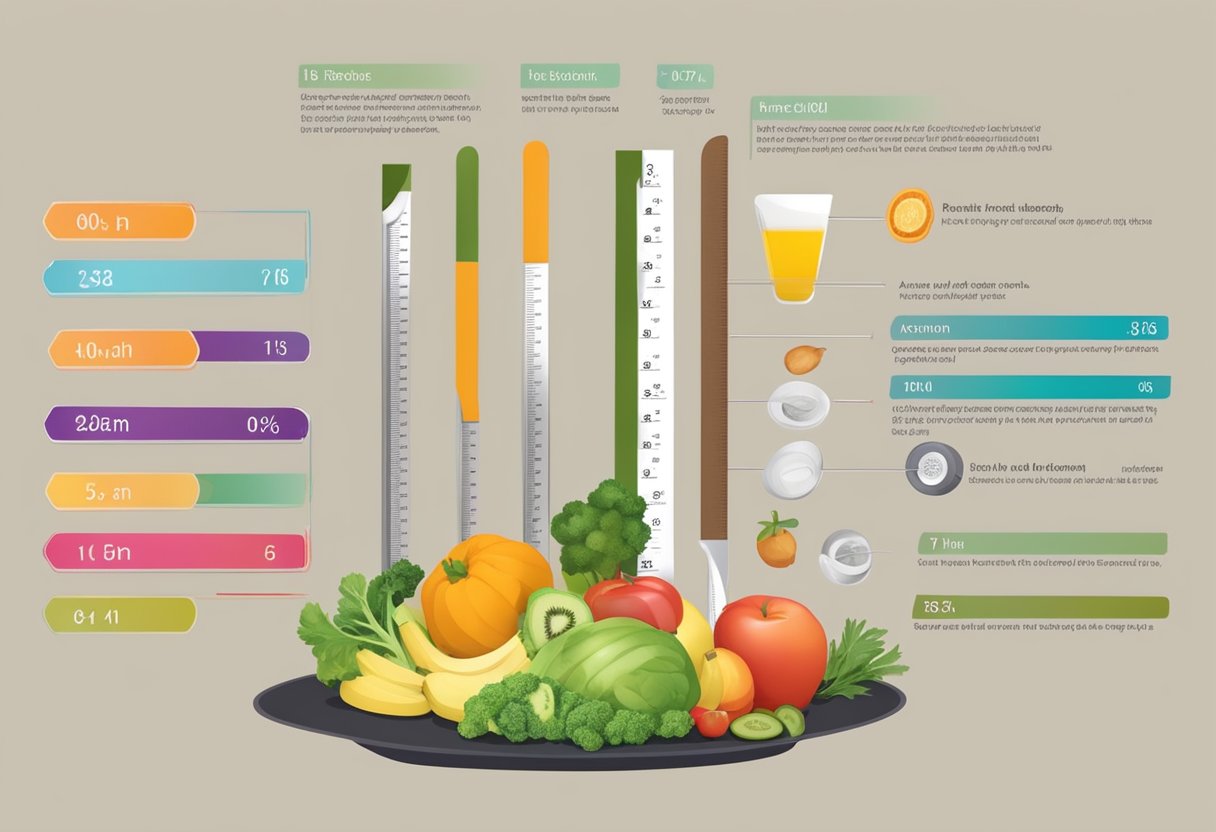 A healthy, balanced meal with fruits, vegetables, and protein. A ruler measuring hair growth of 1/2 inch in a month