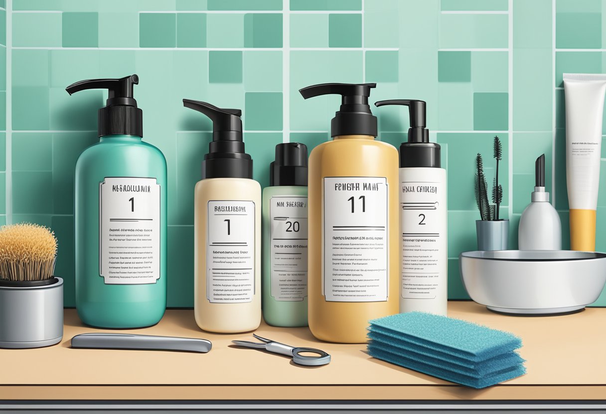 A bottle of hair growth product sits on a bathroom counter, surrounded by various hair care items. A calendar on the wall shows the passage of time, with a single strand of hair growing longer each month