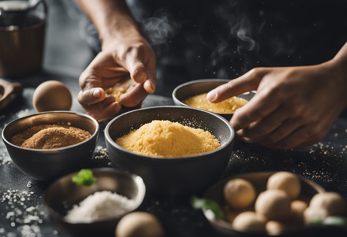 A bowl of mixed fish paste, flour, and seasoning. A pair of hands shaping the mixture into small balls. A pot of hot oil ready for frying