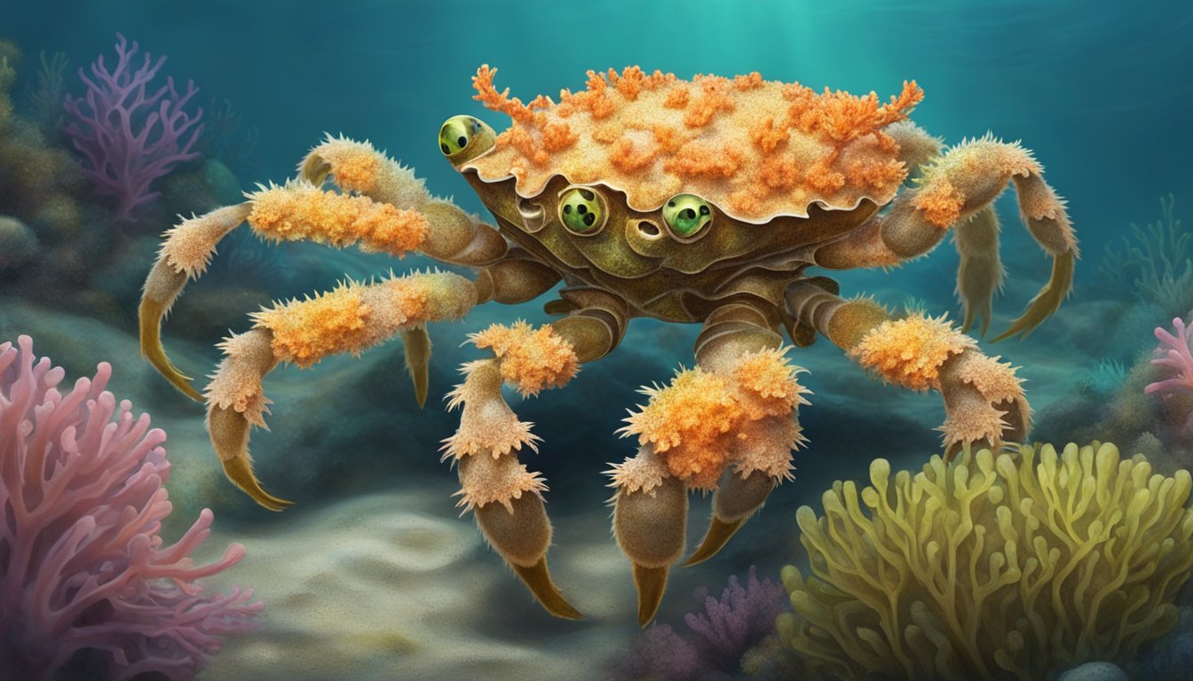 The decorator crab adorns itself with colorful algae and sponges, blending seamlessly into its coastal habitat. It molts its exoskeleton as it grows, leaving behind a delicate shell