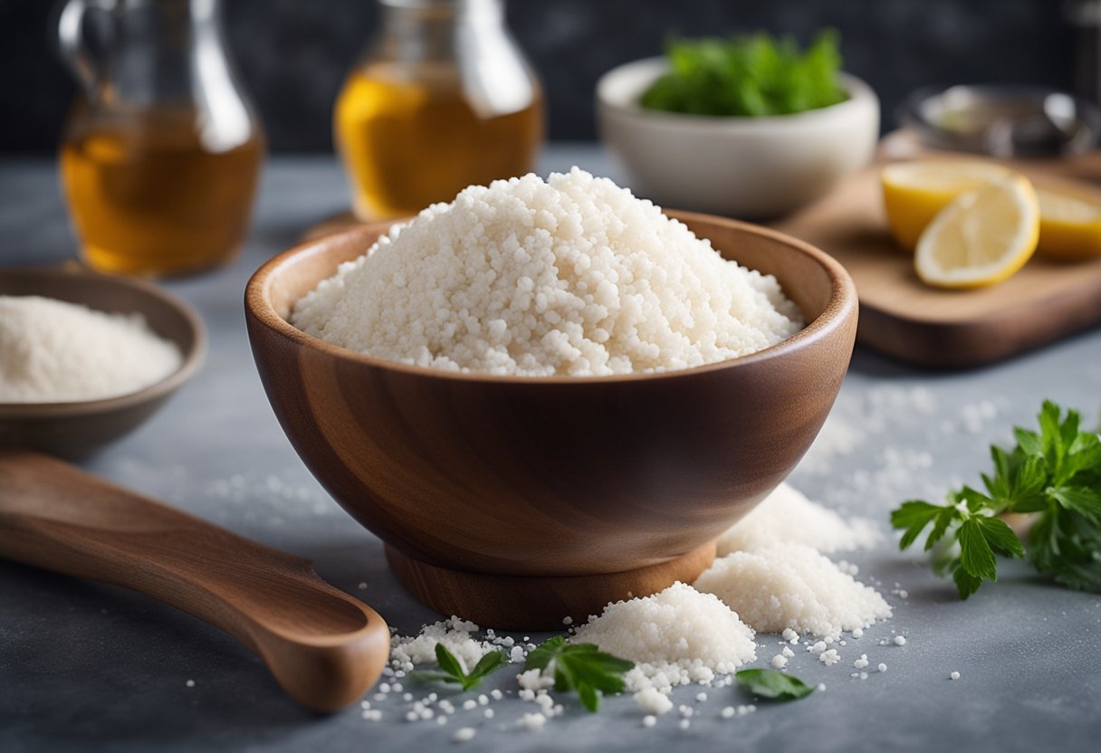 A bowl of minced fish, mixed with seasoning and flour, sits on a kitchen counter. A spoon stirs the ingredients together, forming a smooth, sticky mixture