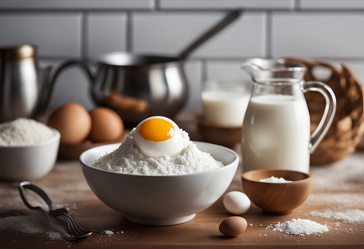 A bowl of flour, a jug of milk, a cracked egg, and a pinch of salt sit on a kitchen counter. A whisk and a mixing bowl are nearby