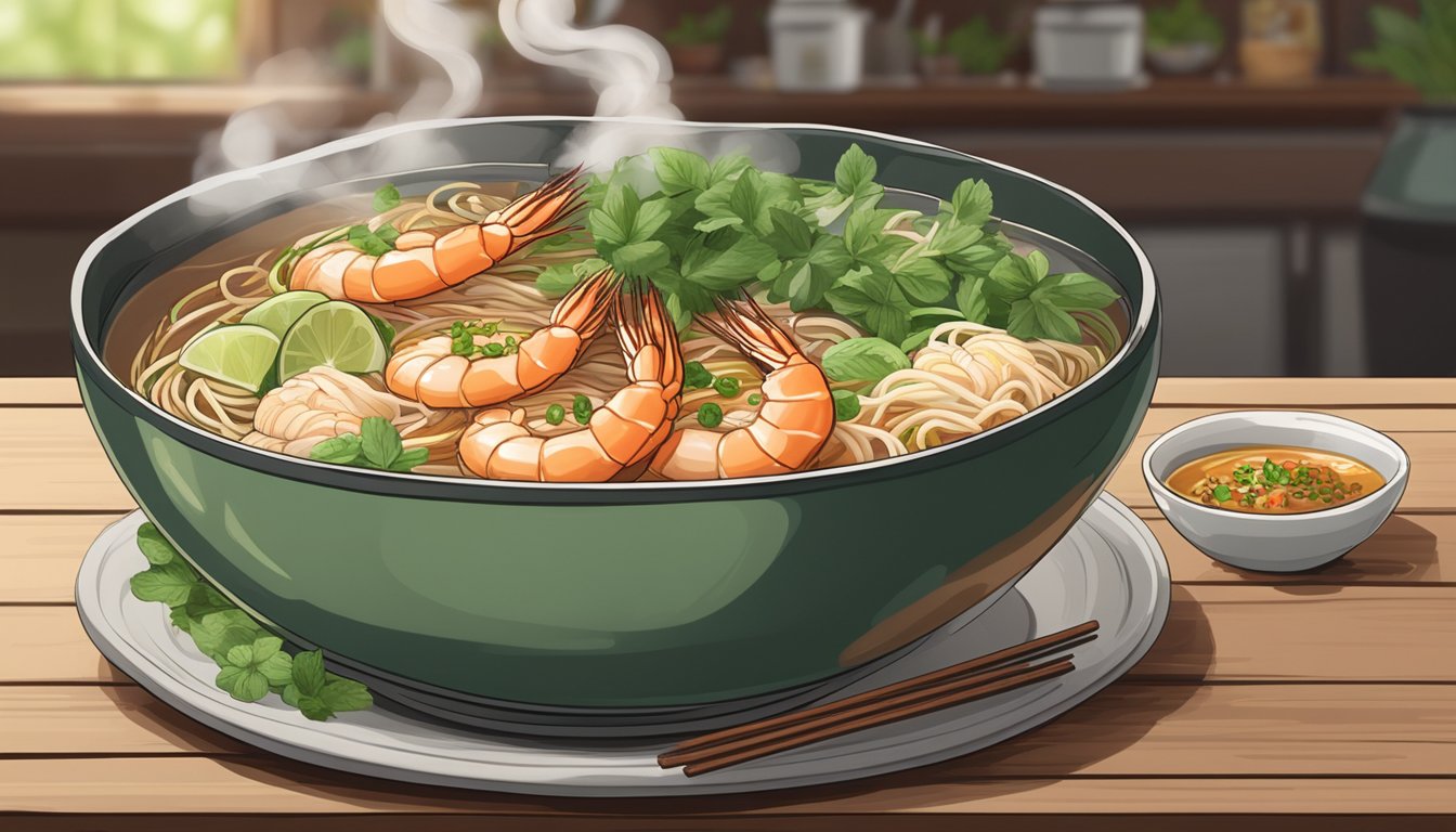A steaming bowl of Deanna Prawn Mee sits on a rustic wooden table, surrounded by fresh herbs and condiments. Steam rises from the fragrant broth, highlighting the rich colors and textures of the dish