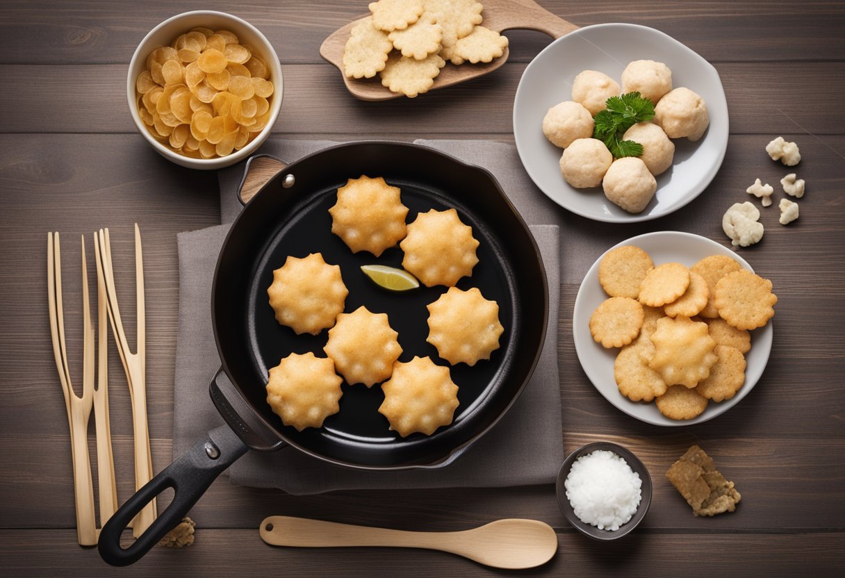 A pot of boiling oil, a plate of fish ball crackers, and a pair of tongs for serving