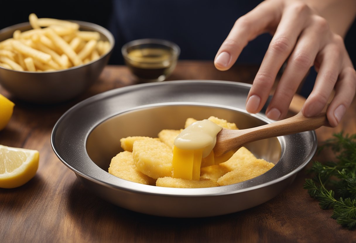 A hand dips a fillet into a bowl of batter, ensuring a complete coating. The fillet is then placed into a sizzling pan of hot oil, where it sizzles and fries to a golden brown perfection