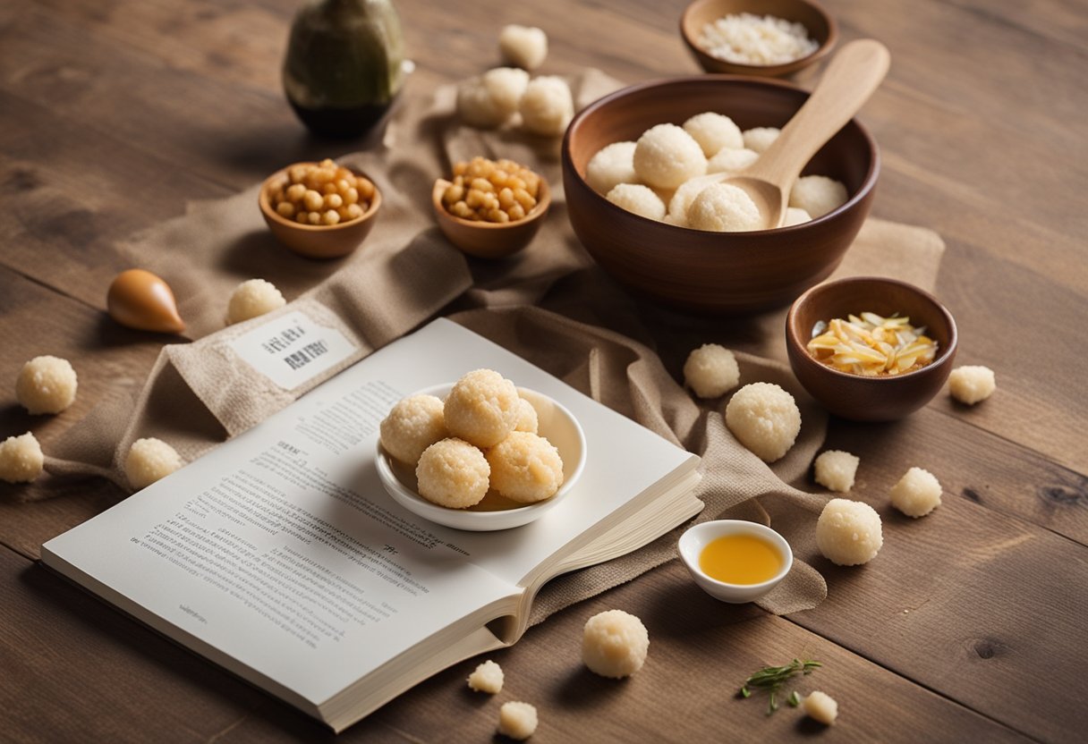 A bowl of fish ball cracker ingredients, a mixing spoon, and a recipe book open to the "Frequently Asked Questions" section