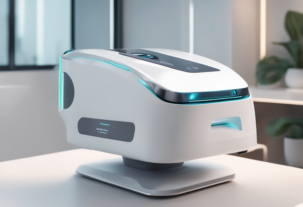 A laser hair removal machine sits on a clean, white countertop in a modern spa. The machine is sleek and futuristic, with a digital display and various attachments