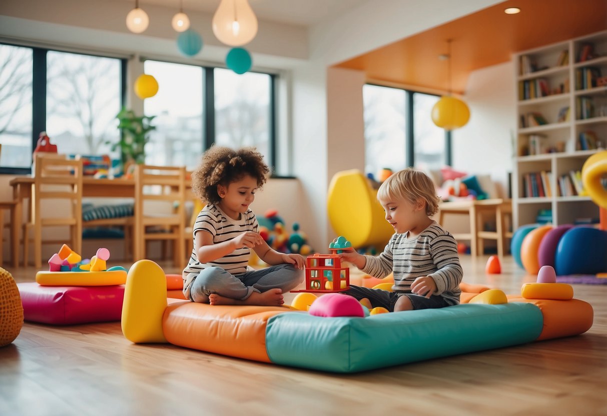 Children playing with colorful toys in a bright, spacious room with soft, cushioned flooring. Low tables and chairs are scattered around, and a cozy reading nook is tucked in the corner