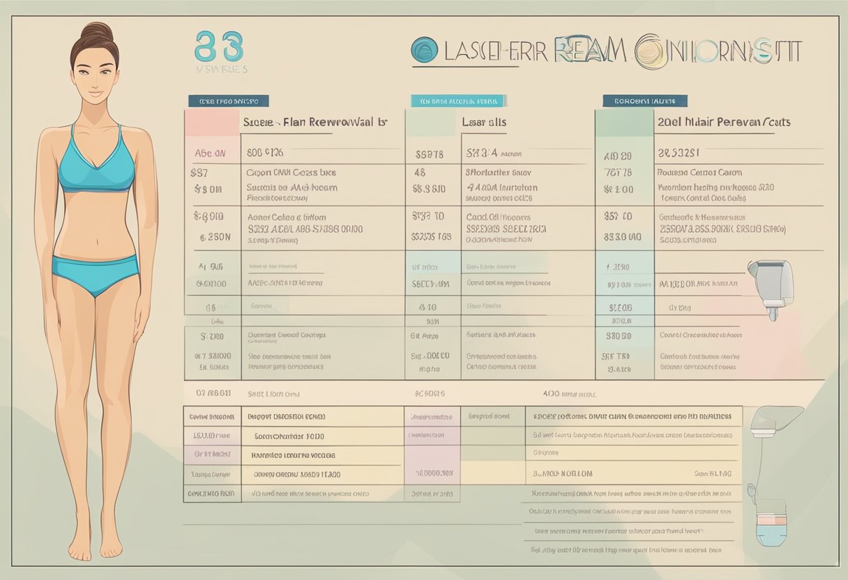 A price list displayed with body area labels and corresponding laser hair removal costs