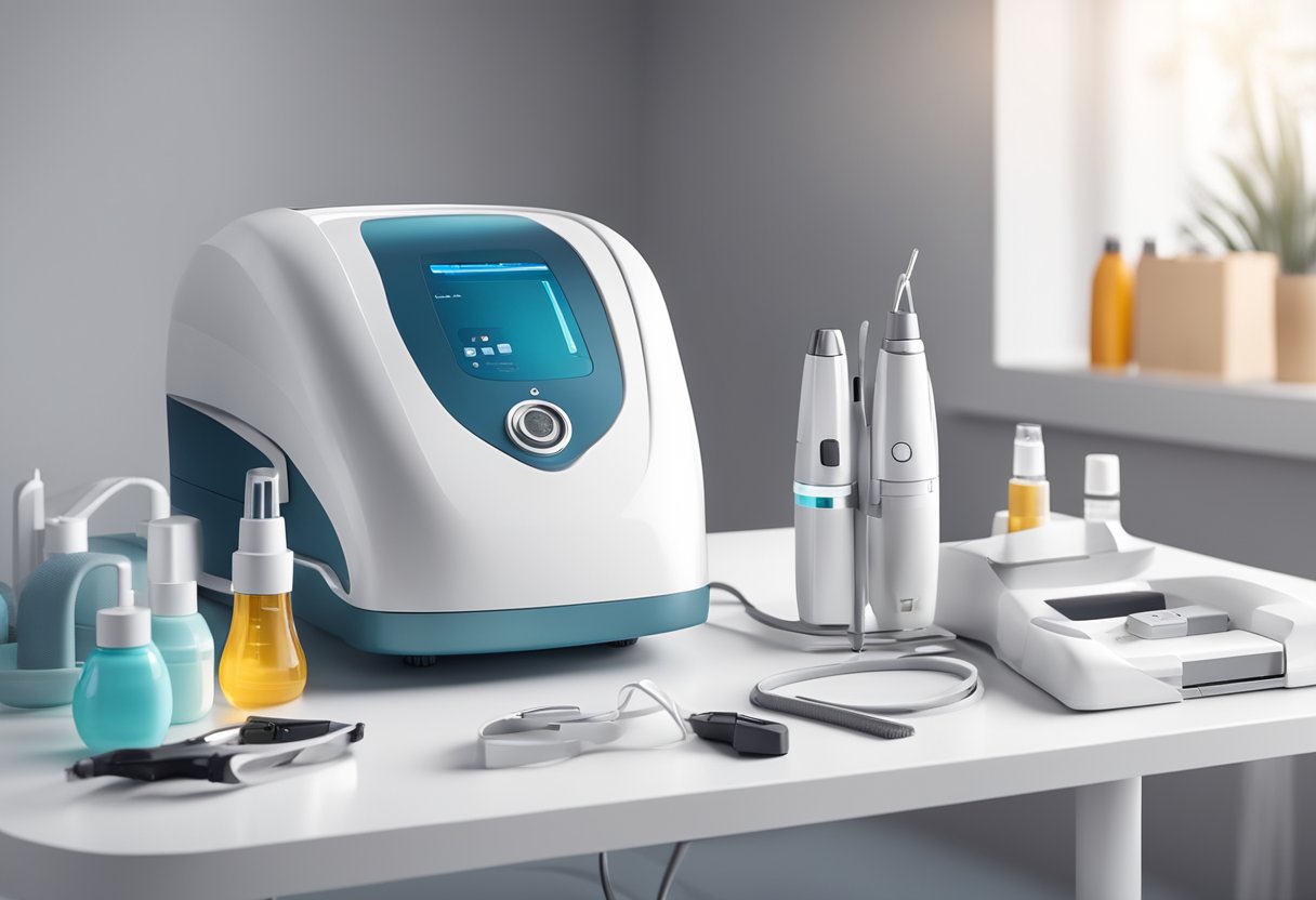 A laser hair removal machine sits on a clean, white table in a modern, professional clinic. The machine is surrounded by various tools and equipment, indicating a focus on maintenance and long-term considerations