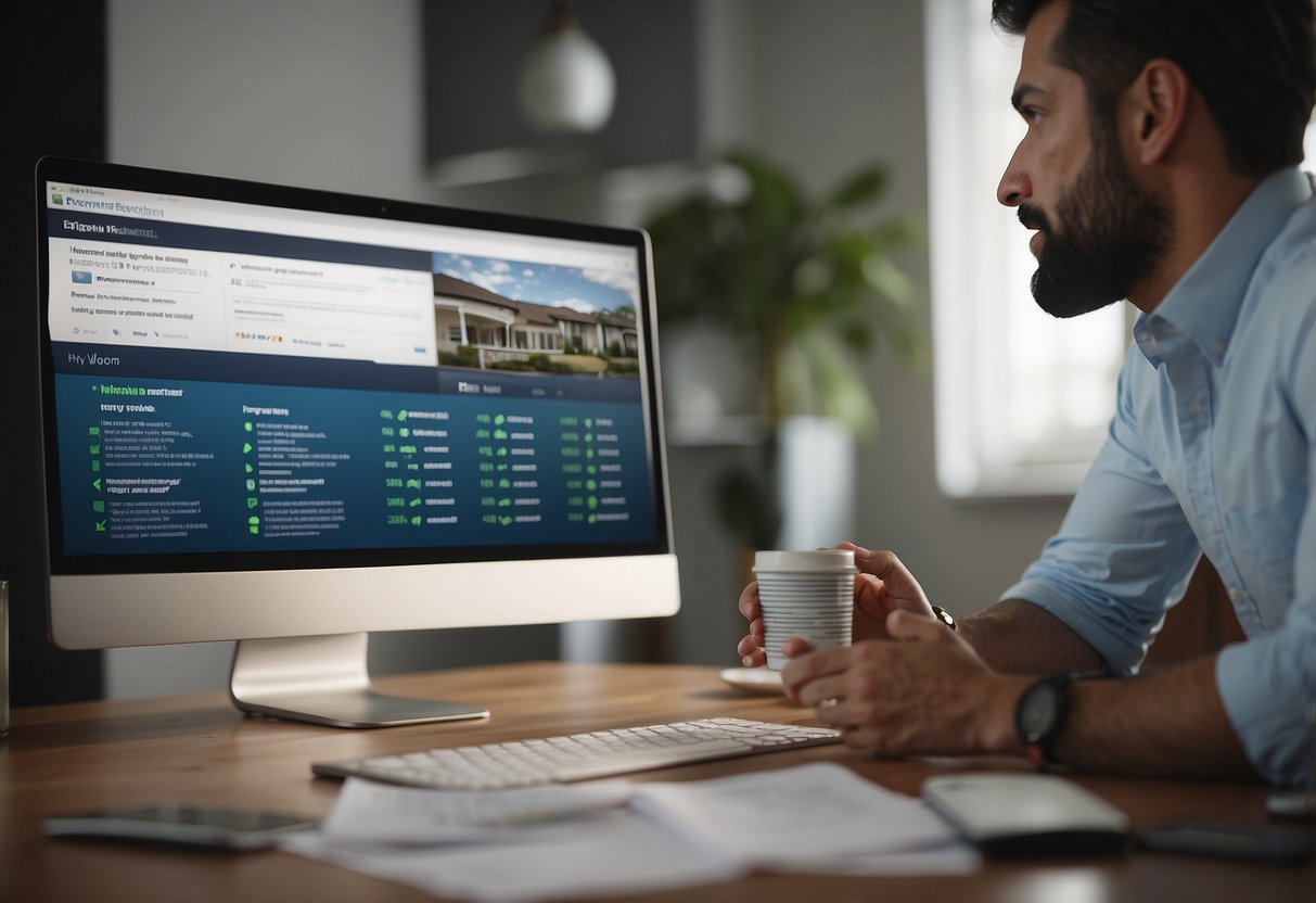 A permanent resident reviews home loan options with a mortgage broker. Various loan terms and interest rates are displayed on a computer screen