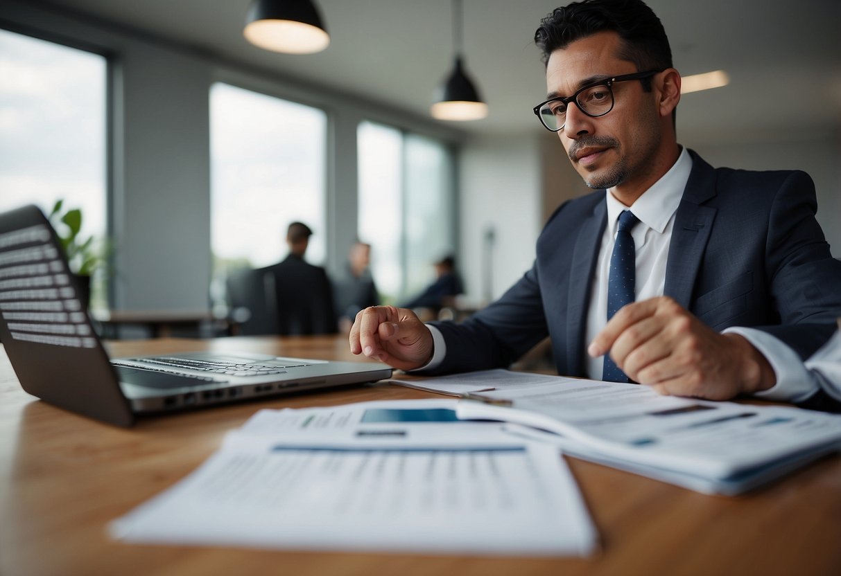 A bank officer reviews credit score, income, and debt ratio for loan approval. Interest rates and down payment also impact decision