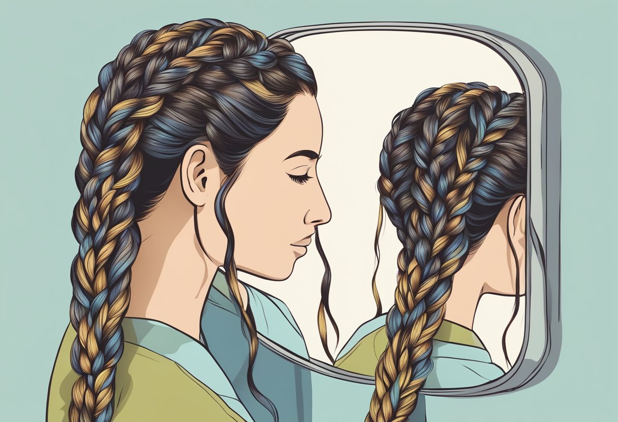 A mirror reflects a pair of hands weaving three strands of hair into a tight braid. A comb and hair ties lay nearby