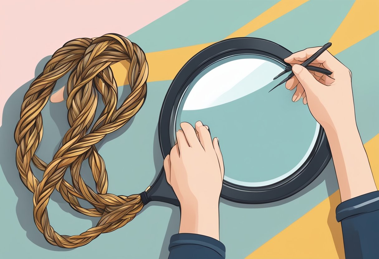 A mirror reflecting a pair of hands weaving a braid, with hair strands neatly arranged and a hair tie ready to secure the finished braid