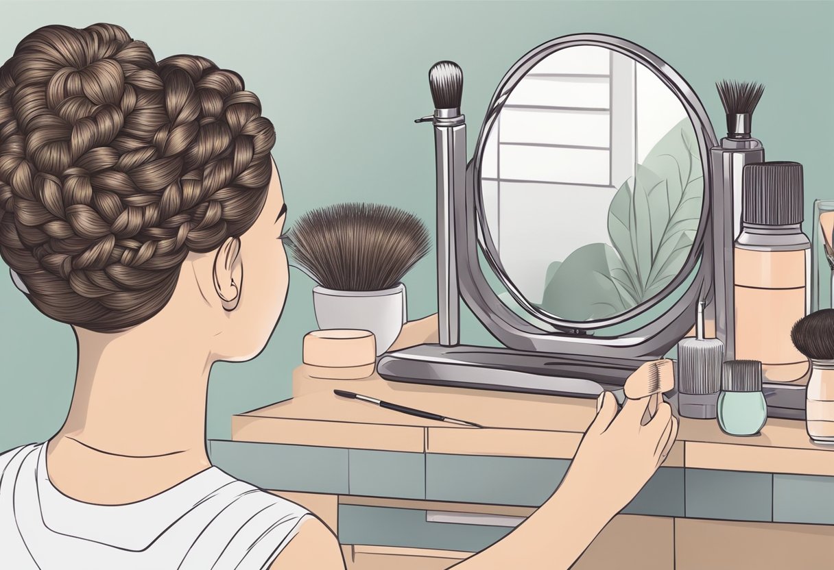 A mirror reflects a person's hands braiding their hair, with a step-by-step guide nearby. Hair products and tools are neatly arranged on a table