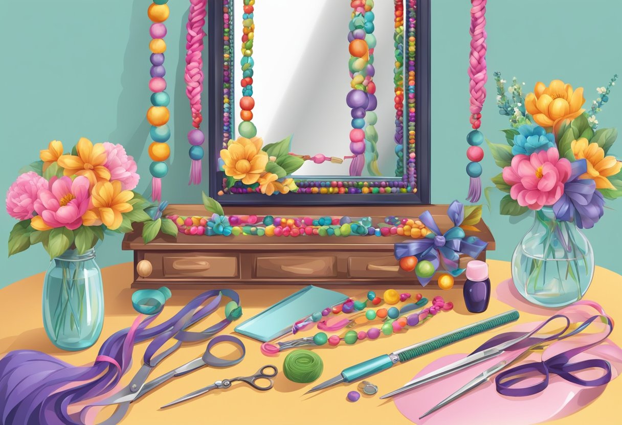 A table with various hair braiding tools and accessories, including colorful ribbons, beads, and flowers. A mirror reflects the setup