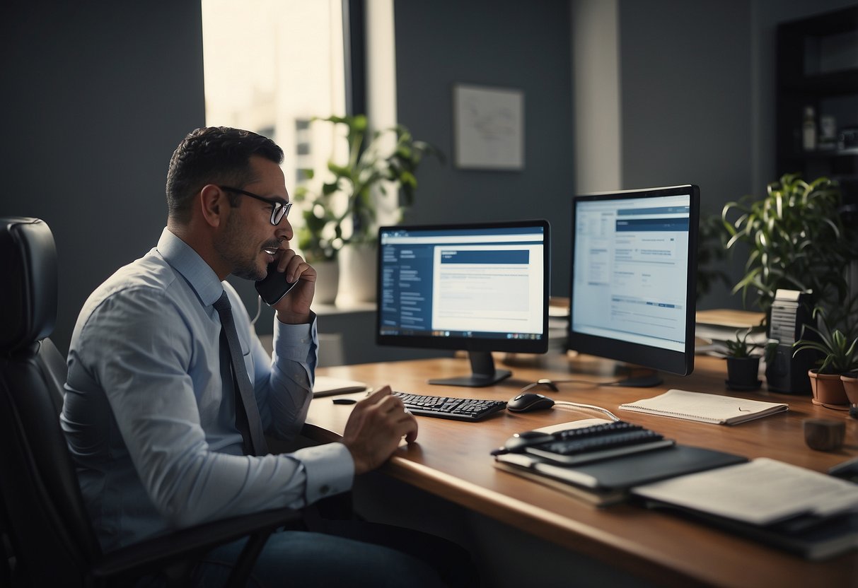 A person sitting at a desk, surrounded by paperwork and a computer, speaking on the phone with a mortgage broker about permanent resident home loans