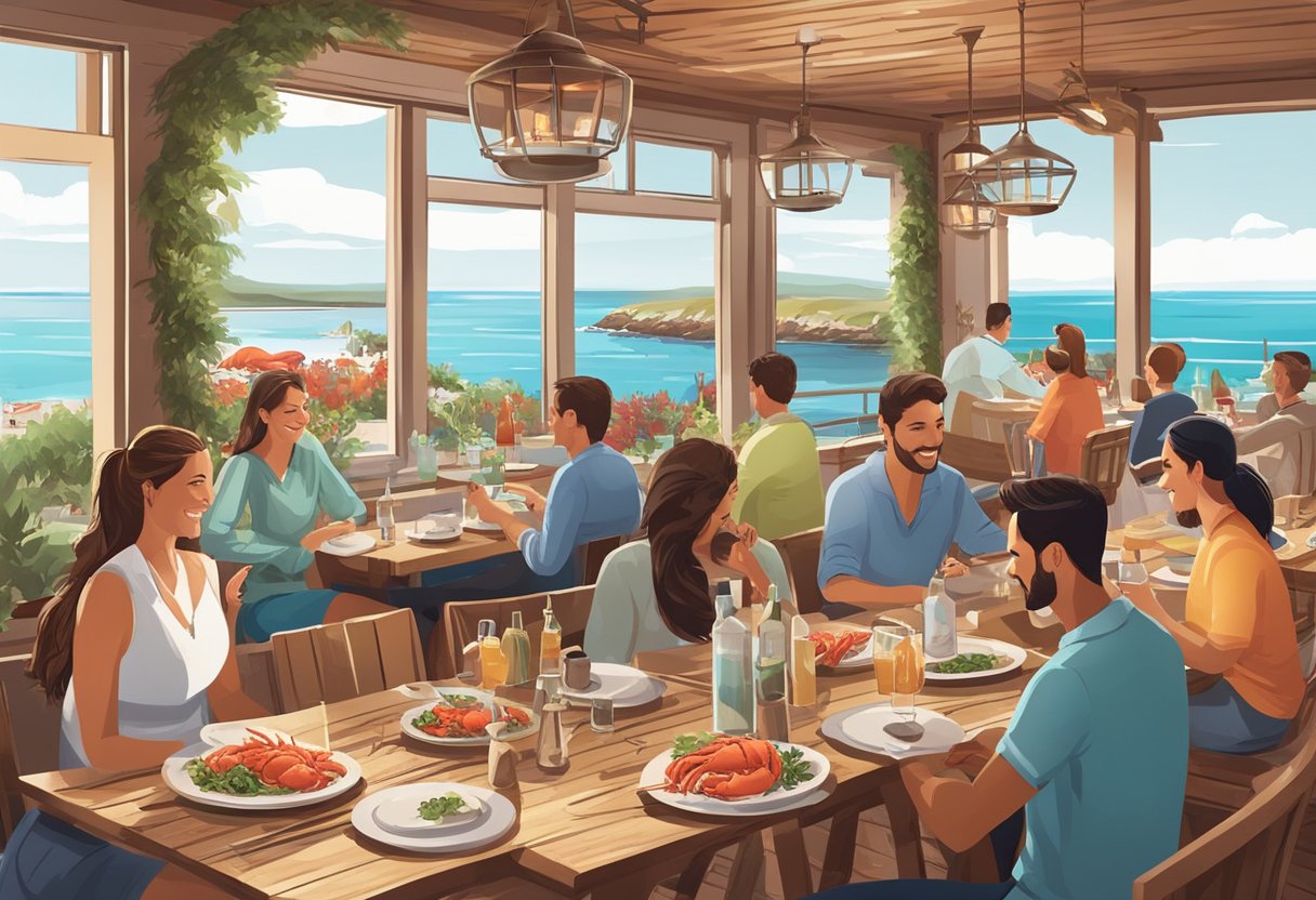 Customers enjoying fresh lobster dishes in a lively, seaside restaurant with a rustic, nautical decor and panoramic ocean views