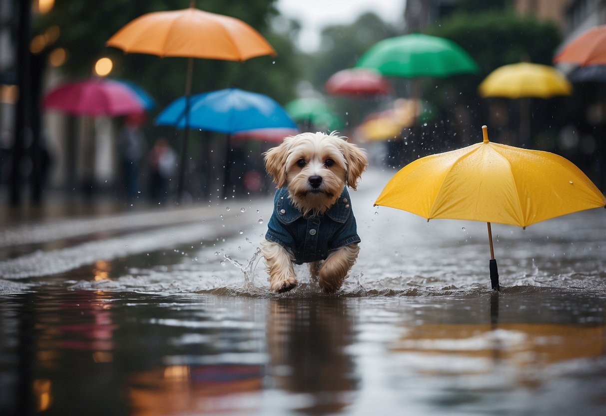 Children splashing in puddles, a dog shaking off water, and colorful umbrellas dotting the grey landscape