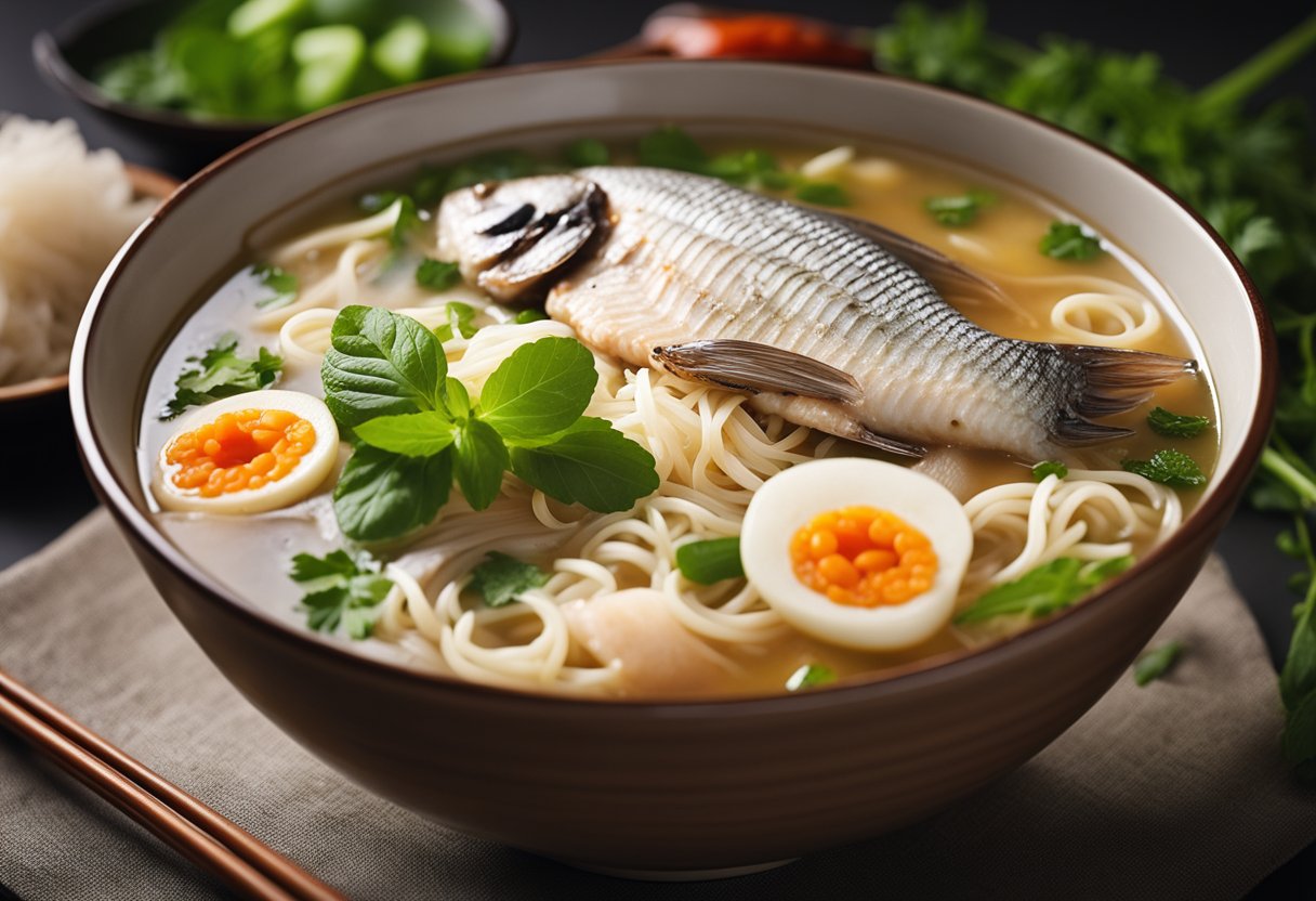 A steaming bowl of fish bee hoon soup with noodles, fish slices, and fragrant broth, topped with fresh herbs and chili