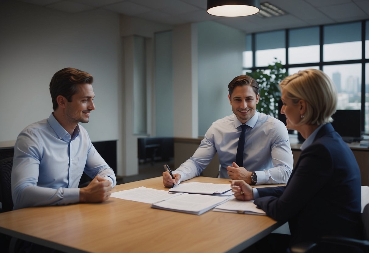 A non-resident couple discusses home loan options with a bank representative in an office setting. The couple reviews paperwork and asks questions about the process