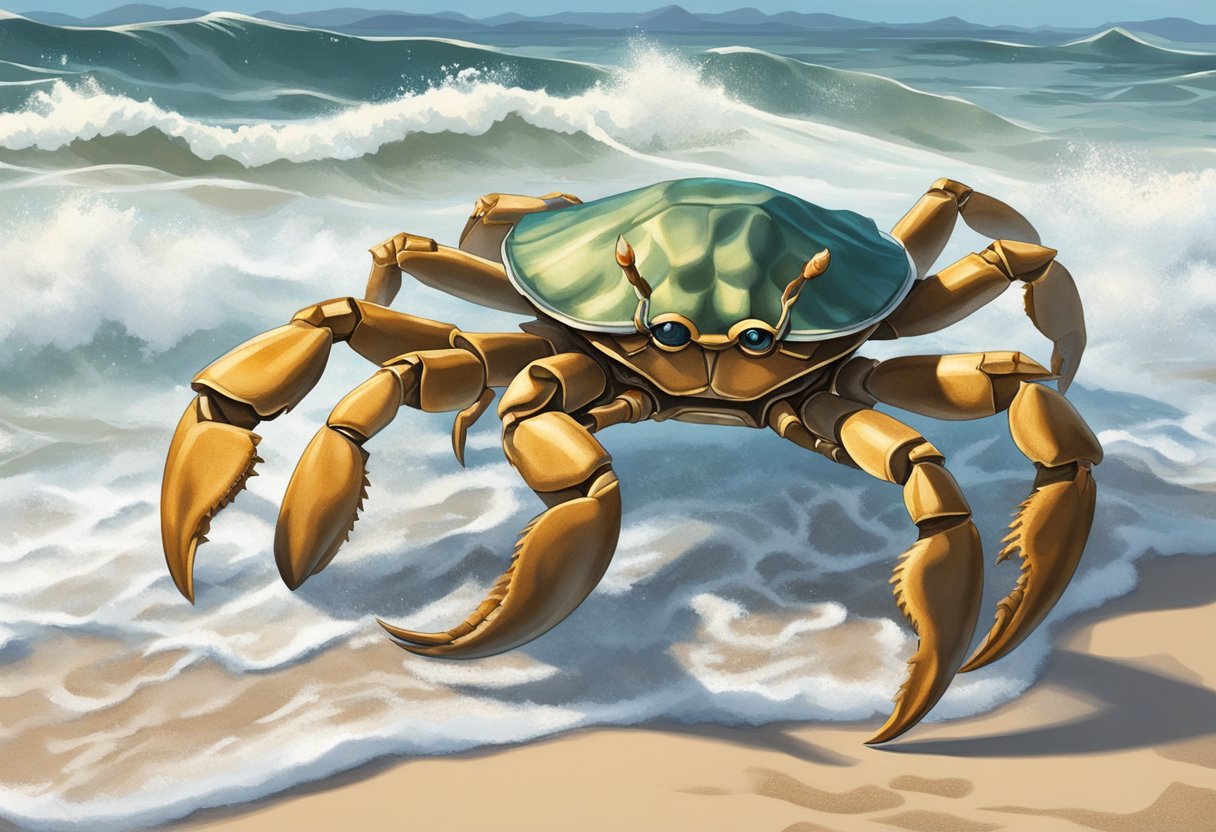 A crab scuttles across a sandy beach, its claws raised in a defensive posture. Waves crash in the background as seagulls circle overhead