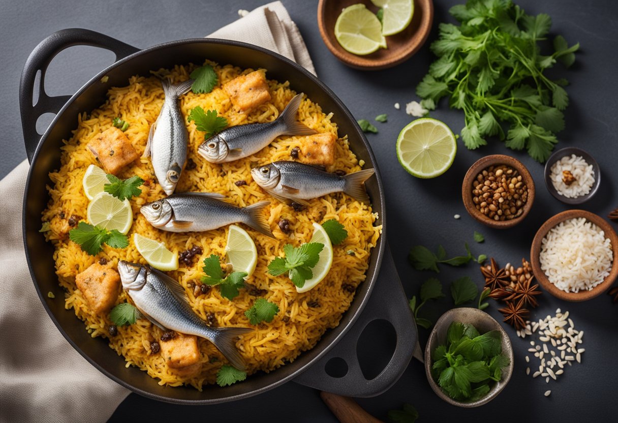 A steaming pot of fish biryani surrounded by aromatic spices and herbs, with fluffed rice and tender fish pieces mixed throughout