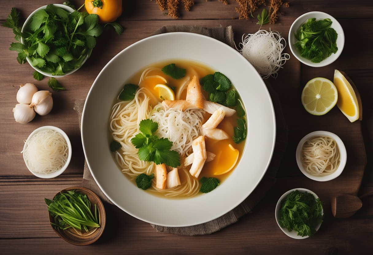 A steaming bowl of fish bee hoon soup sits on a wooden table, surrounded by fresh ingredients like fish slices, bee hoon noodles, and fragrant herbs