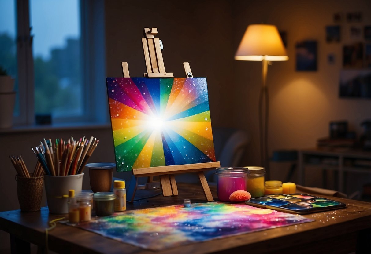 Brightly colored art supplies scattered on a table, with a blank canvas and easel in the center. Raindrops patter against the window as the room is filled with the cozy glow of soft lighting