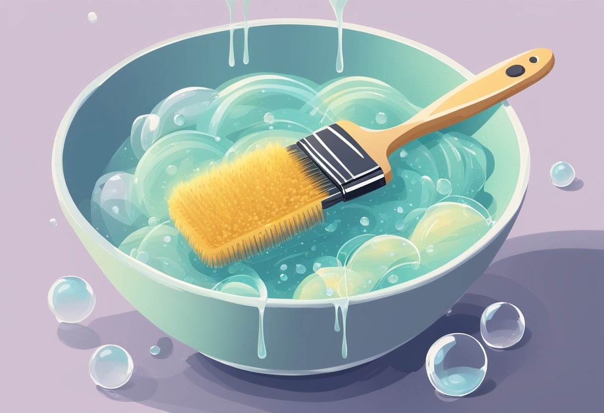 A hair brush sits in a bowl of warm, soapy water. A hand holds a comb, removing hair from the bristles. Bubbles float in the water