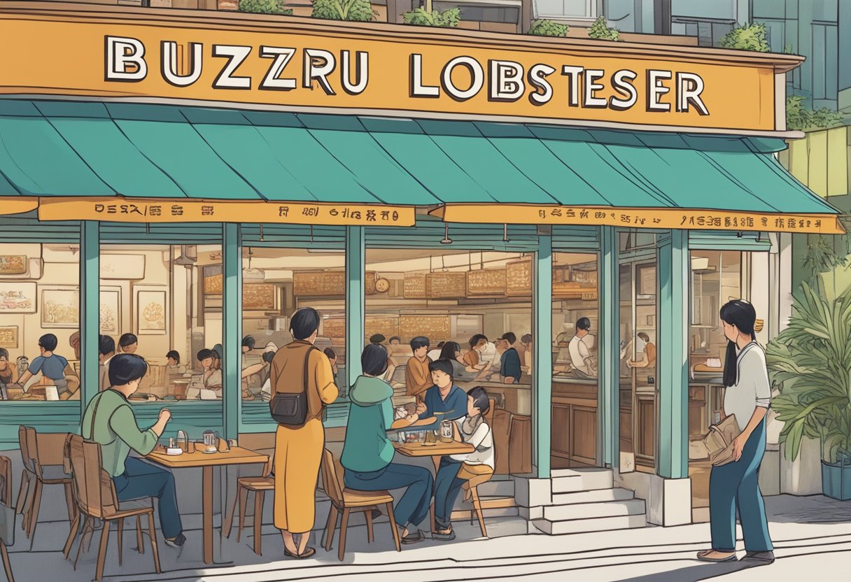 The bustling restaurant buzzes with patrons. A large sign reading "Frequently Asked Questions Desaru Lobster Restaurant" hangs above the entrance, drawing in hungry customers