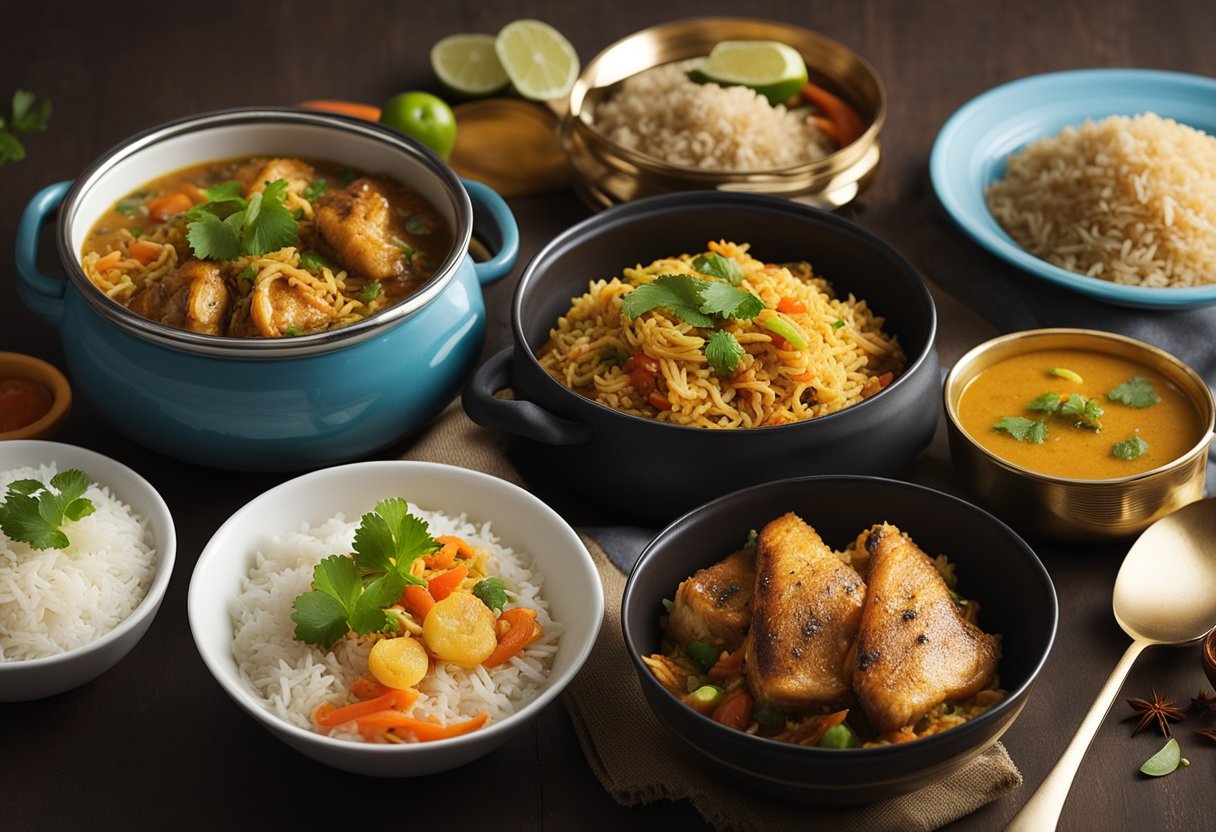 A pot filled with aromatic spices and marinated fish, surrounded by bowls of rice, vegetables, and condiments. A recipe book open to a page titled "Fish Biryani" lies nearby