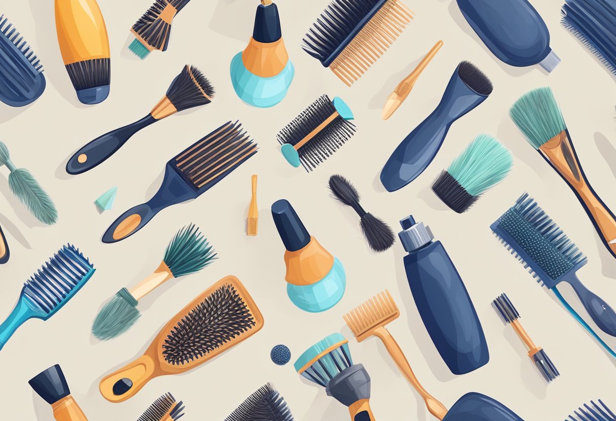 A variety of hair brushes lay on a clean surface, each with different bristle types and sizes. A bottle of gentle shampoo and a small comb are nearby, ready for cleaning