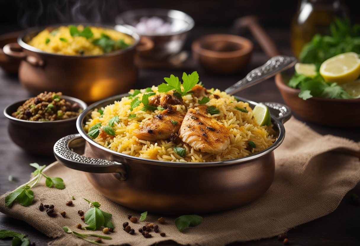 A steaming pot of fish biryani surrounded by aromatic spices and herbs. A serving spoon rests on the side, ready to dish out a flavorful portion