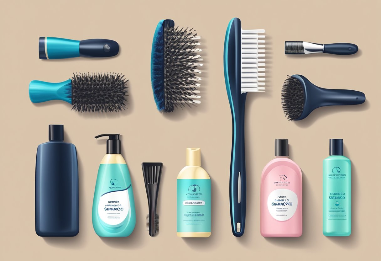 Hair brushes laid out on a clean surface, surrounded by a bottle of shampoo, a comb, and a towel